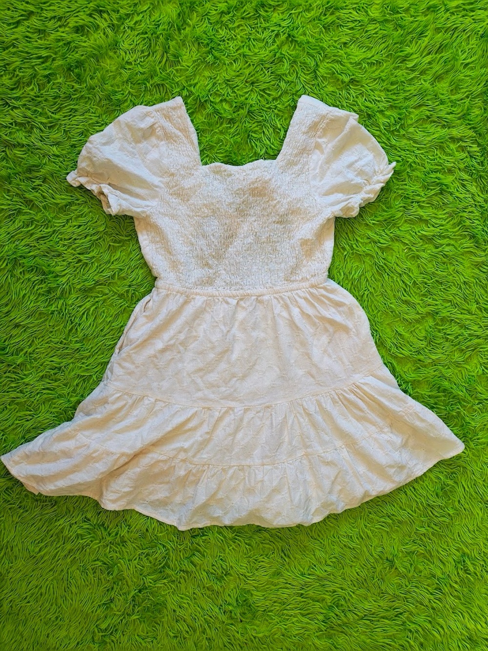Boho "Hayde Los Angeles" puff sleeves tiered ruching mini cream dress, M/6-8